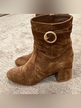 Gianvito Rossi Brown Suede Ankle Boots with Gold Buckle